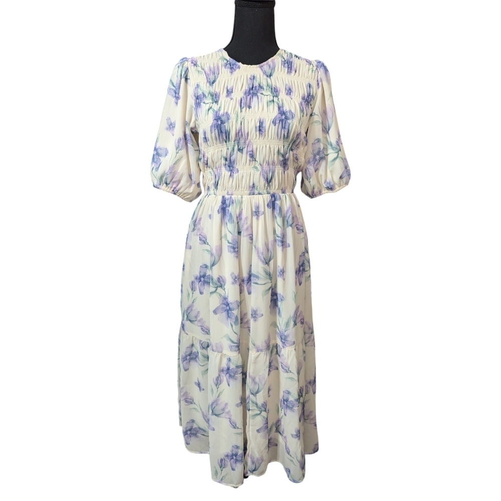 Polagram Women’s Chiffon Floral Watercolor Midi Belted Dress Smocked Bodice S - Picture 2 of 12